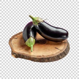 Fresh Aubergines On Wood Board Front View PNG