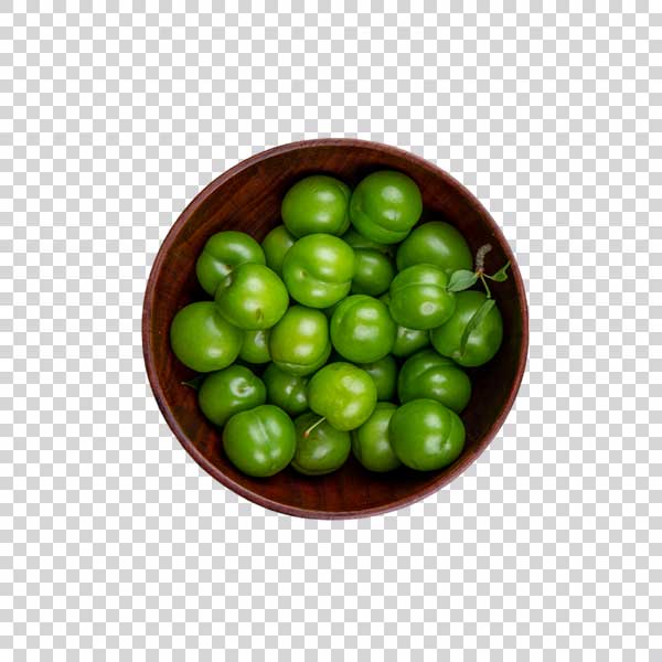 Green Plums Wooden Bowl Top View PNG