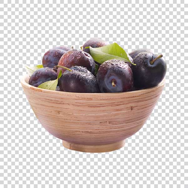 Plums In Wooden Bowl Close Up PNG