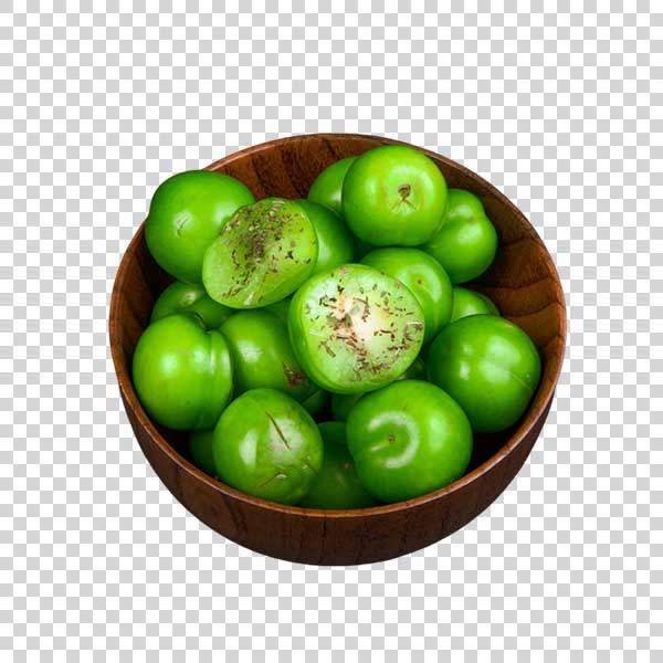 Sour Green Plums Wooden Bowl Side View PNG