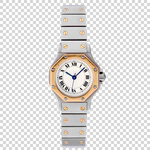 Elegant Wrist Watch With Silver Golden Chain Lights Front View PNG